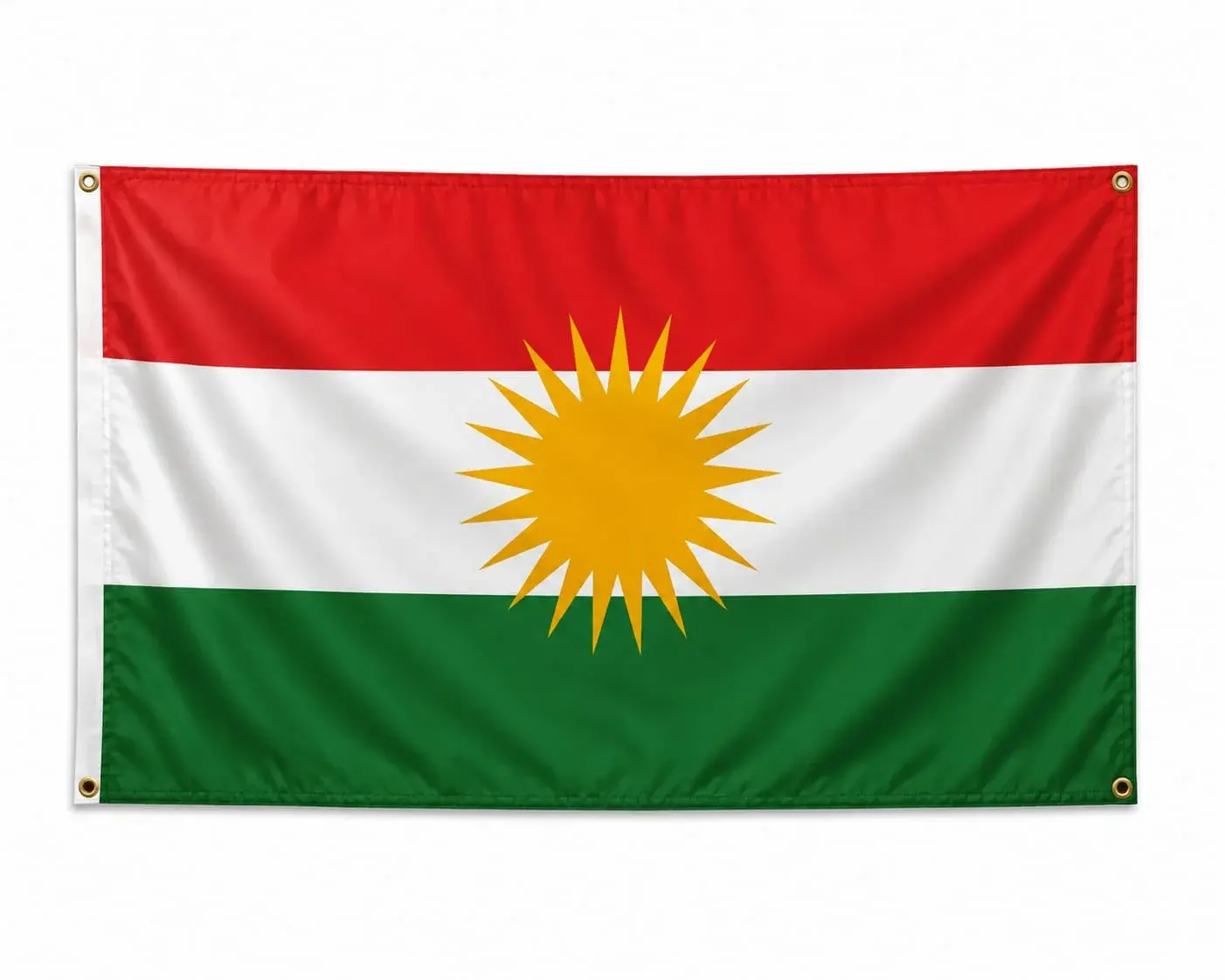 Drapeau du Kurdistan rouge blanc vert avec soleil doré à 21 rayons