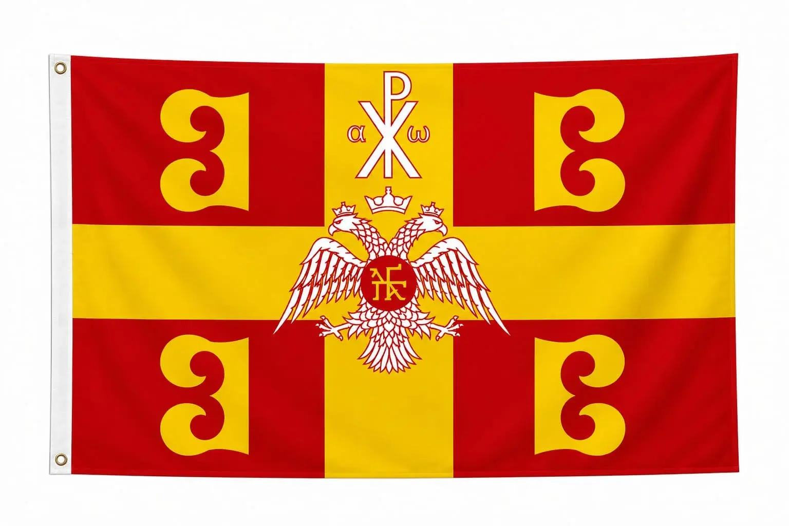 Drapeau rouge et or de l'Empire byzantin avec aigle bicéphale et chrisme