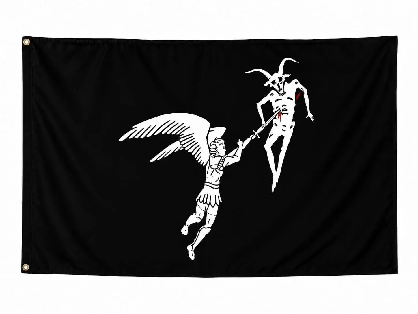 Drapeau noir représentant saint Michel Archange terrassant Satan